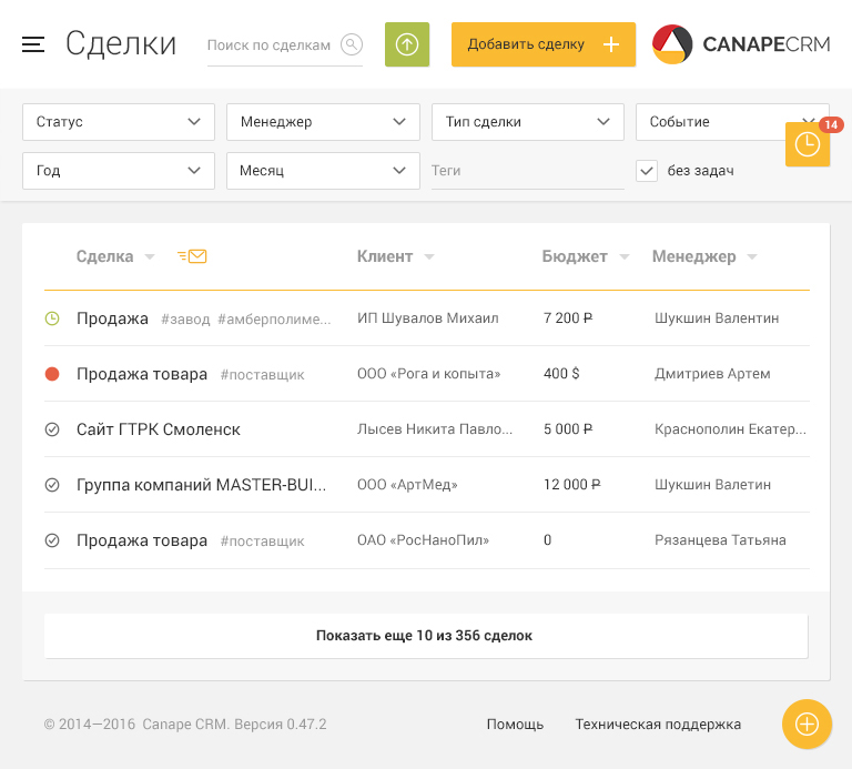 Примеры интерфейса Canape CRM